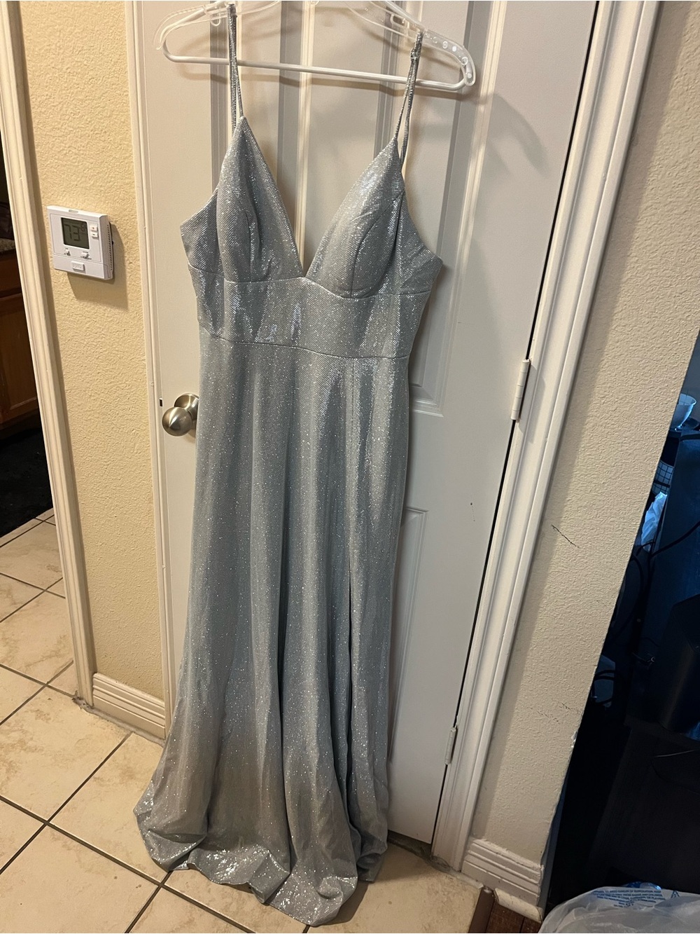 Windsor Silver Glitter Spaghetti-Strap Prom Gown